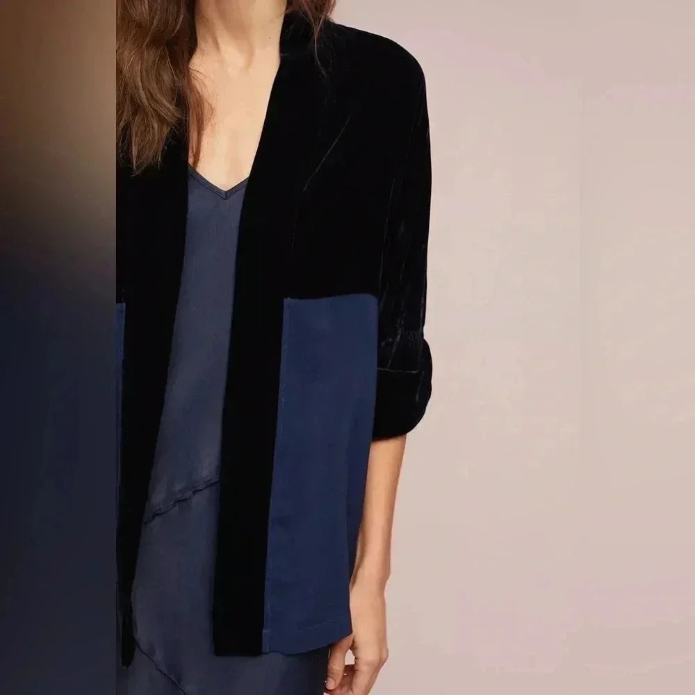 Anthropologie Tina & Jo Navy Blue Timeless Velvet Silk Cardigan Sweater Size S